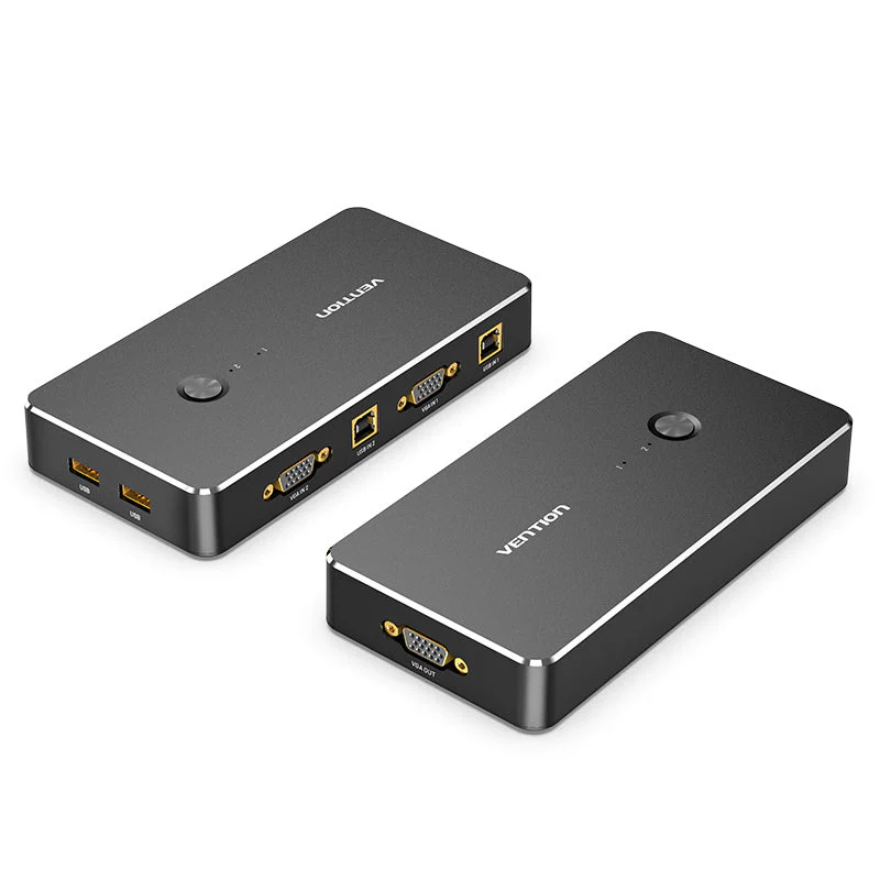 Vention 2-in-1 Out VGA KVM Switch (Black Metal) – Dual PC Control with Single Monitor & Peripherals